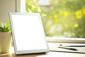 tableta computadora con blanco pantalla en el hogar oficina. generativo ai ilustración foto