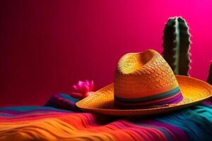 Cinco de Mayo holiday background. Mexican sombrero hat and poncho on magenta background. illustration photo