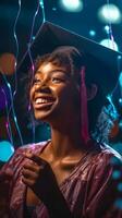 Portrait of black american young woman wearing a graduation cap dancing at the party. Festive bokeh background. illustration photo