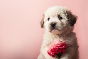 Cute puppy gives a rose. Romantic concept or women's day holiday concept. illustration photo