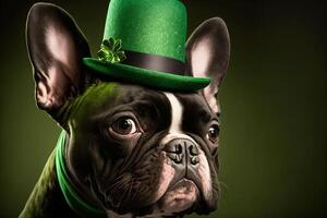French bulldog in a green shiny hat on a festive bokeh background. Saint Patrick's day party concept. illustration photo