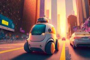 Small yellow robot taxi rides along big city street. Artificial intelligence controls the car. illustration photo