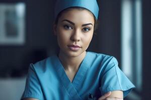 Attractive nurse or doctor in blue uniform. Generative AI illustration photo