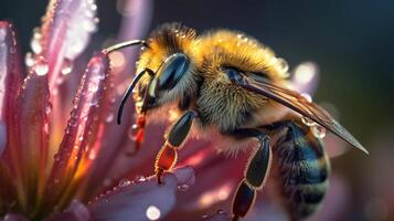 un abeja en rojo flor recoge polen. generativo ai ilustración foto