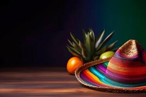 cinco Delaware mayonesa fiesta antecedentes. mexicano fiesta sombrero sombrero y cactus en un de madera antecedentes. generativo ai ilustración foto