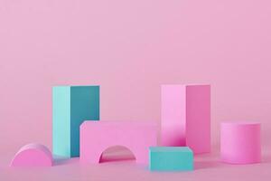 Abstract pink background with different shape podiums for products presentation or exhibitions. Geometric composition with copy space photo