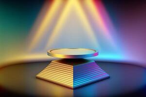 Empty geometric podium for product display on holographic gradient background. illustration photo