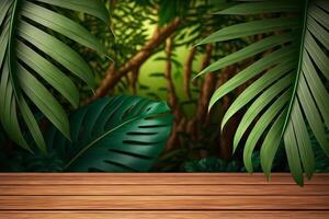 vacío de madera podio para producto monitor en verde tropical hojas antecedentes. generativo ai ilustración foto
