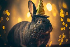 Cute black rabbit in shiny hat on golden bokeh background. Symbol of the year according to Chinese horoscope. illustration photo