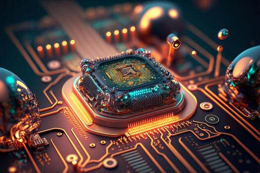 Motherboard with electronic circuits and CPU with glowing neon structures. Abstract cybernetic technologies. illustration photo