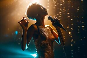Beautiful African American female wears a dress with gold sequins sings on stage. illustration photo