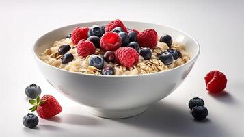 . . Photo of breakfast oat meal with berried. Healthy vegetarian food. Graphic Art