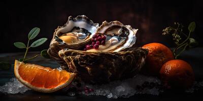 AI Generated. AI Generative. Macro photorealistic shot of sea ocean oyster open shell delicious food for wine. Romantic luxury vibe. Graphic Art photo