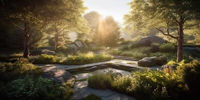 ai generado. ai generativo. foto realista ilustración de escandinavo paz calma meditación jardín fuera de ciudad casa. relajarse onda. gráfico Arte