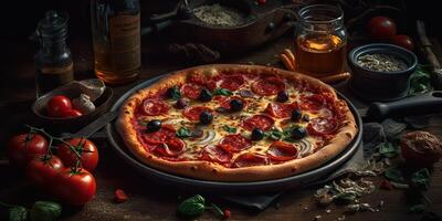 . . Photo realistic illustration of tasty italian pizza family dinner. Graphic Art