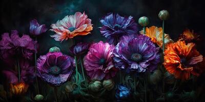 . . Beatiful painted oil drawing flowers. Aesthetics style inspired by dark mood Tim Burton vibe. Graphic Art photo