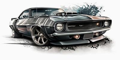 . Realisitc cartoon illustration of sportcar muscle car mustang in vintage retro style. . Graphic Art photo