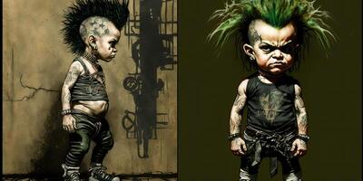 . . Street art wall grafitti inspired by banksy style. Kid punk in cyberpunk vibe. Graphic Art photo