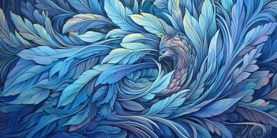 . . Photo realistic illustration of blue soft feathers. Pattern background texture romantic cozy vibe. Graphic Art