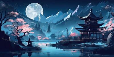 . Asian chinese cartoon style blue colors pagoda temple tower landscape. . Graphic Art photo