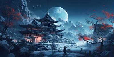 . Asian chinese cartoon style blue colors pagoda temple tower landscape. . Graphic Art photo