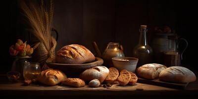 . . A lot of different fresh baked bread products and deserts. Bakerhouse warm vibe. Graphic Art photo