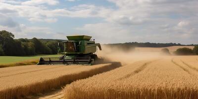 . . Harvester combine ctractor at sunset field of wheat grain plant. Farmer outdoor inspirational vibe. Graphic Art photo