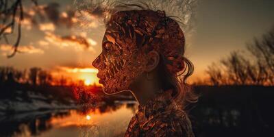 . . Double exposure photo realistic illustration. Romantic free soul lifestyle adventure vibe. Graphic Art