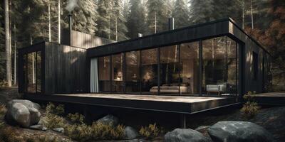 . . Photo realistic illustraion of modern vintage wood cabin hotel room in dark forest. Romantic couple vacation vibe. Graphic Art