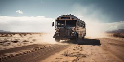 . . Photo realistic illustration of bus riding in the desrt on the road. Mad Max movie inspired. Graphic Art
