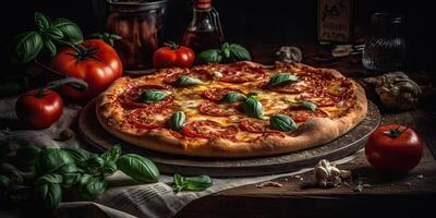 . . Photo realistic illustration of tasty italian pizza family dinner. Graphic Art