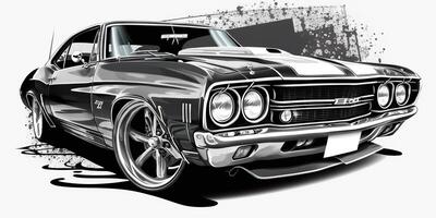 . Realisitc cartoon illustration of sportcar muscle car mustang in vintage retro style. . Graphic Art photo