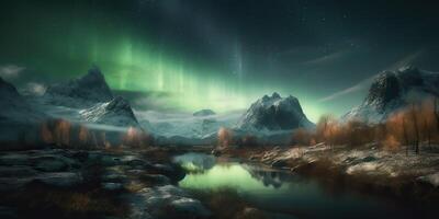 . Photo realistic illustration of aurora northern light. Adventure expidition vibe. . Graphic Art