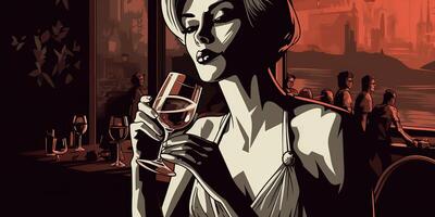 AI Generated. AI Generative. Retro vintage pretty woman with red wine glass at night party pub. Romantic noir film vibe. Graphic Art Illustration. photo