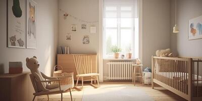 . . Photorealistic nursery room in cozy warm family scandinavian style. House appartment lifestyle love big family kids vibe. Graphic Art photo