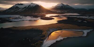 . . Macro shot aerial drone view of Iceland landscape scene. Cinematic adventure explore vibe. Graphic Art photo