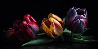 ai generativo. ai generado. estética tulipán flores modelo burlarse de arriba. inspirado por tim aparejo oscuro estado animico onda. lata ser usado para decoración o gráfico amor diseño. gráfico Arte foto