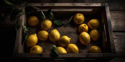 ai generado. ai generativo. foto realista ilustración de amarillo eco organi limones limas en madera rústico Clásico caja. parte superior ver onda. gráfico Arte