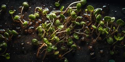 . . Germinated miocrogreens sprouts photorealistic illustration. Eco organic vegan healthy super food vibe. Graphic Art photo