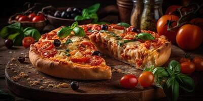 . . Photo realistic illustration of tasty italian pizza family dinner. Graphic Art