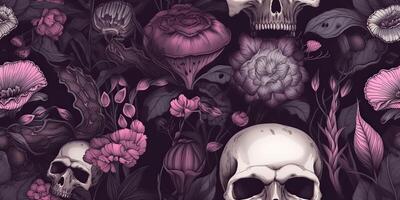 AI Generated. AI Generative. Background pattern with dark moody forest flowers and skulls. Halloween magic scary spooky vibe. Graphic Art photo