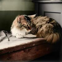 ai generado. ai generativo. Década de 1910 Clásico retro de colores foto realista fotografía ilustración. bolígrafo animal gatito gato relajarse onda. gráfico Arte