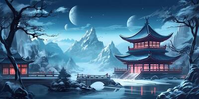 . Asian chinese cartoon style blue colors pagoda temple tower landscape. . Graphic Art photo