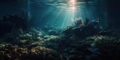 . . Photo of under sea ocean world. Marine Nautical with darm mustic mood adventure vibe. Graphic Art