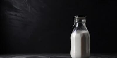 ai generado. ai generativo. burlarse de arriba foto Copiar espacio ilustración de retro Clásico vaso botella de Leche en cocina mesa. gráfico Arte