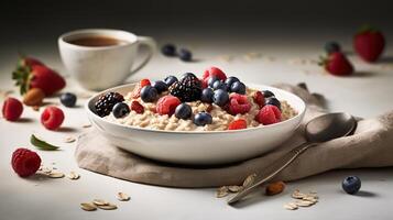 . . Photo of breakfast oat meal with berried. Healthy vegetarian food. Graphic Art