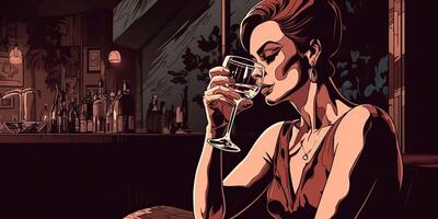 . . Retro vintage pretty woman with red wine glass at night party pub. Romantic noir film vibe. Graphic Art Illustration. photo