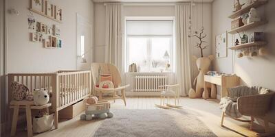 . . Photorealistic nursery room in cozy warm family scandinavian style. House appartment lifestyle love big family kids vibe. Graphic Art photo