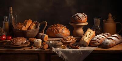 . . A lot of different fresh baked bread products and deserts. Bakerhouse warm vibe. Graphic Art photo