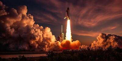 . . Photo realistic illustration of rocket shutle ship nasa launching. Adventure space travel explore vibe. Graphic Art